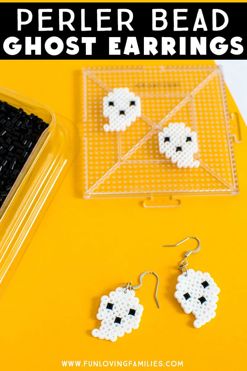 Make these adorable Perler bead ghost earrings for Halloween this year! Click throug for the full tutorial. #halloweencrafts #tweencrafts #ghostcrafts #perlerbeads #meltybeads #fusebeads 