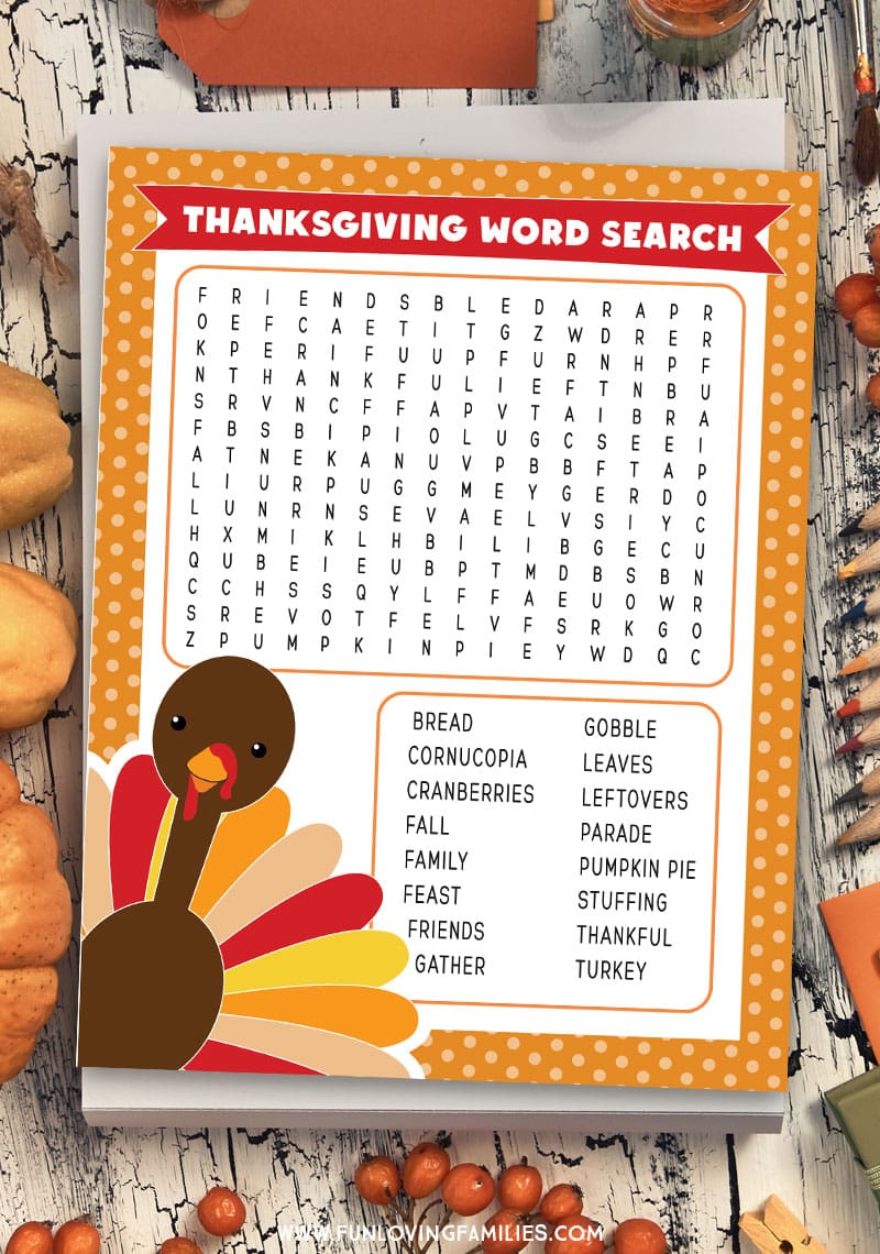 Grab our free printable Thanksgiving word search puzzle for kids. Print as many as you need for the classroom or home! #thanksgiving #thanksgivingprintable #wordsearch #thanksgivingactivity #kidsactivities #thanksgivingfun #funlovingfamilies