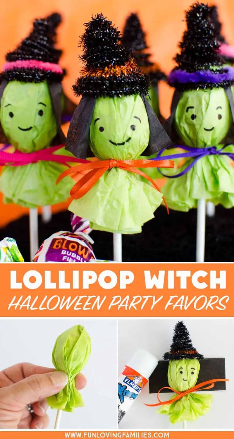 These lollipop witches make the cutest Halloween party favors. Make a bunch to bring to the Halloween classroom party, or add them to your boo basket ideas!