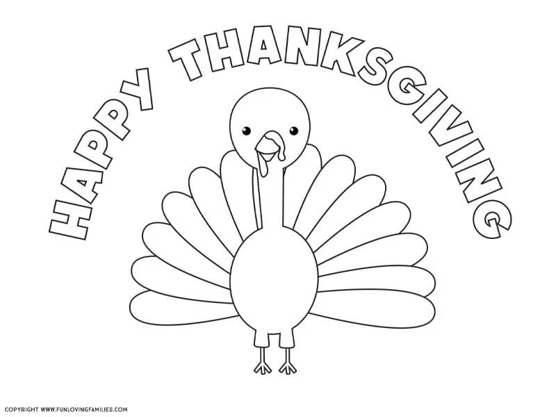 Cute turkey coloring page printable with Happy Thanksgiving text