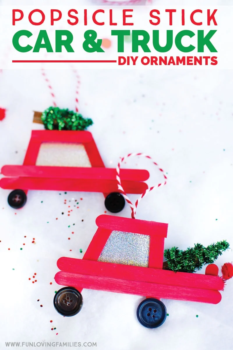 Easy DIY popsicle stick Christmas ornaments. Make your own car with Christmas tree or truck with Christmas tree ornaments with this step-by-step tutorial. 