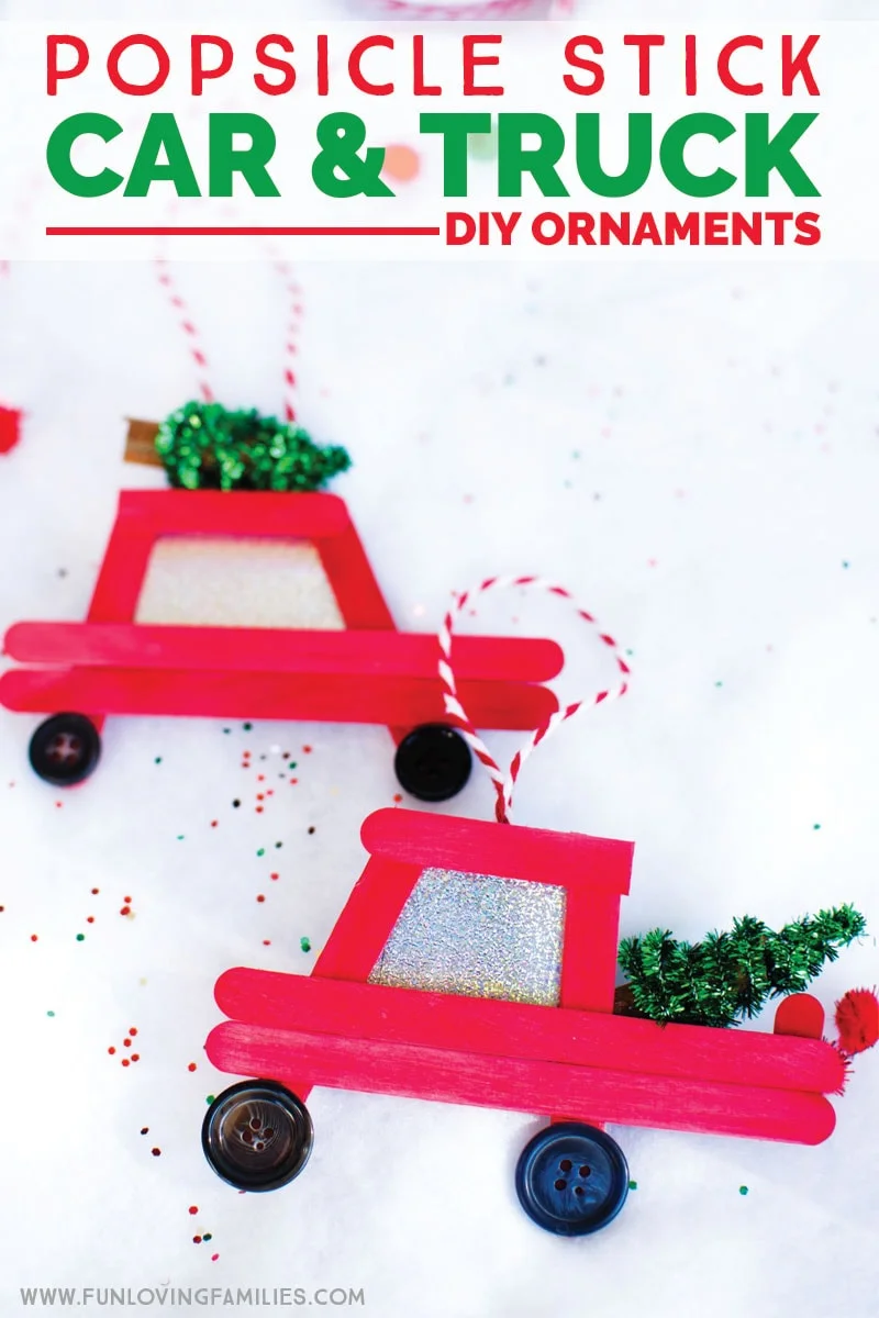 Easy DIY popsicle stick Christmas ornaments. Make your own car with Christmas tree or truck with Christmas tree ornaments with this step-by-step tutorial.
