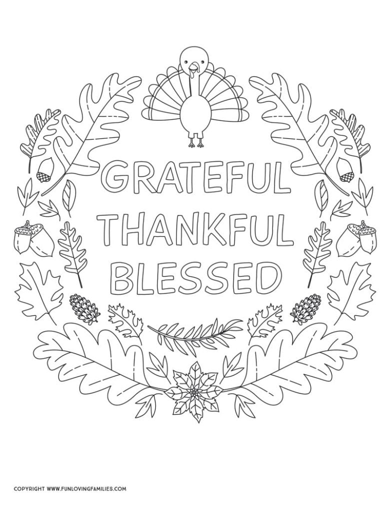 turkey coloring sheet with grateful thankful blessed