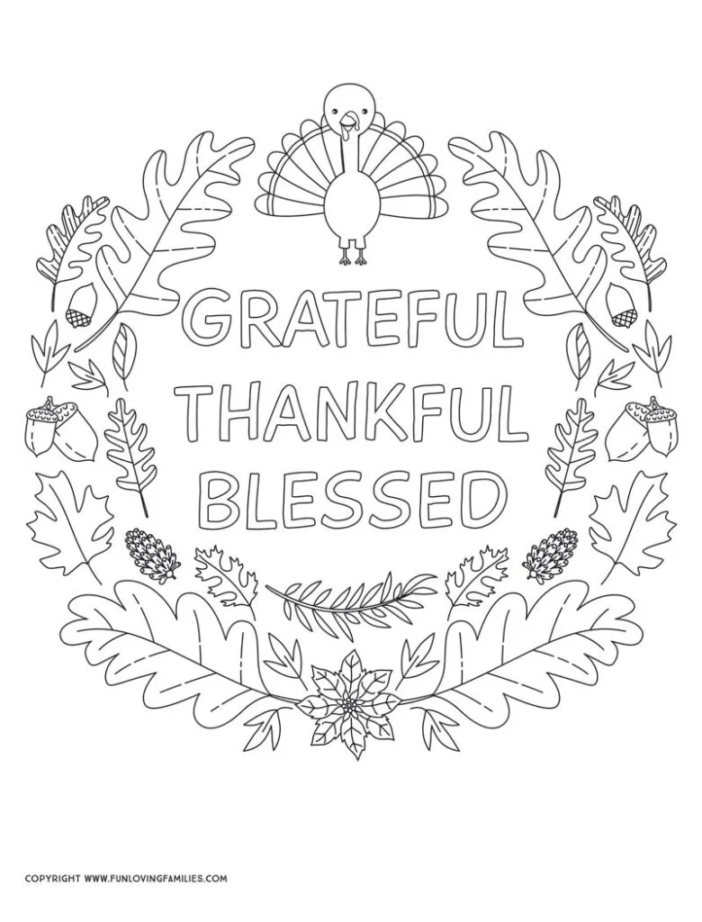 turkey coloring sheet with grateful thankful blessed