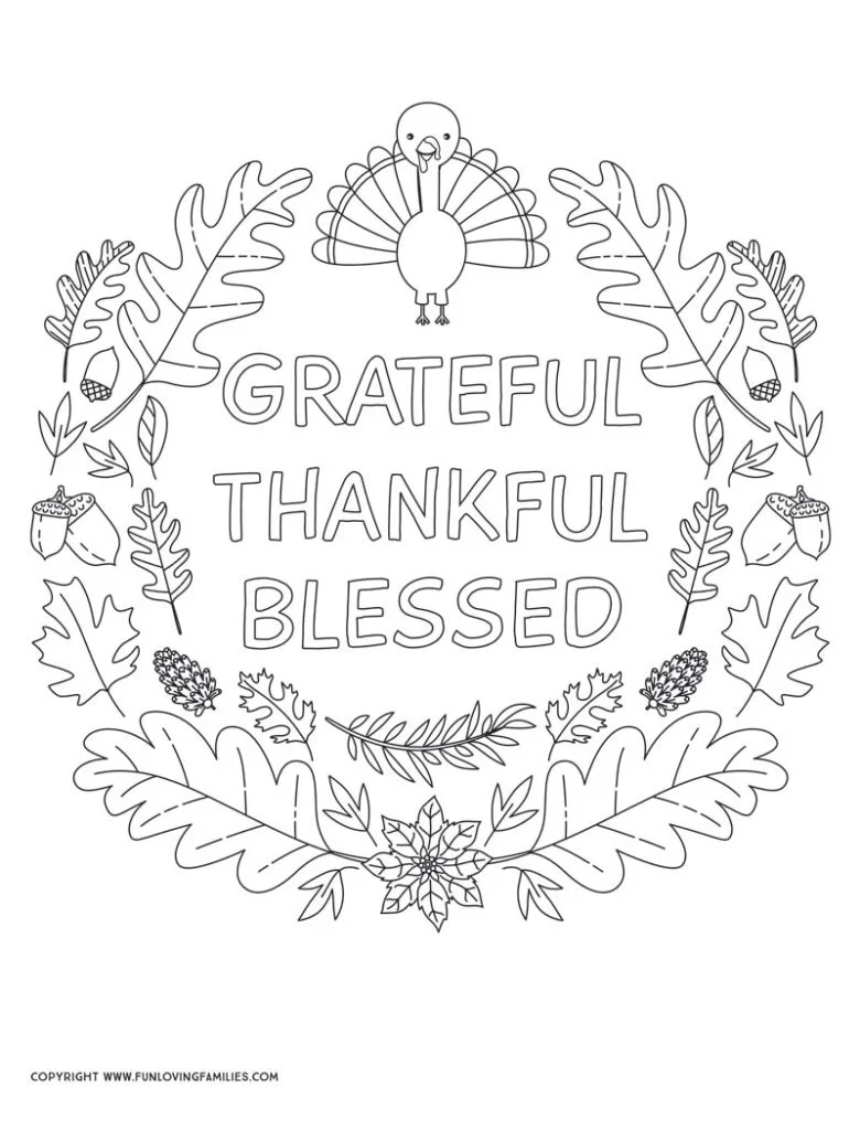 turkey coloring sheet with grateful thankful blessed