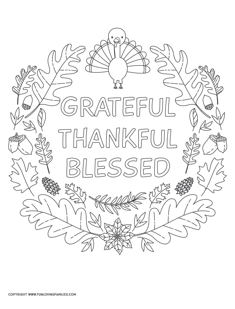 turkey coloring sheet with grateful thankful blessed