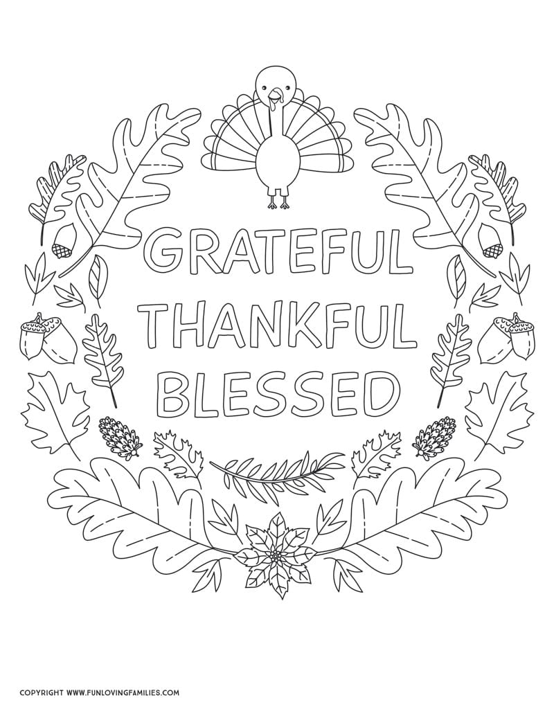 turkey coloring sheet with grateful thankful blessed