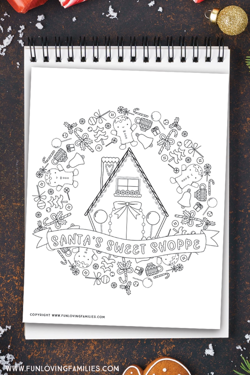 Christmas coloring page with Santa's sweet shoppe and gingerbread men