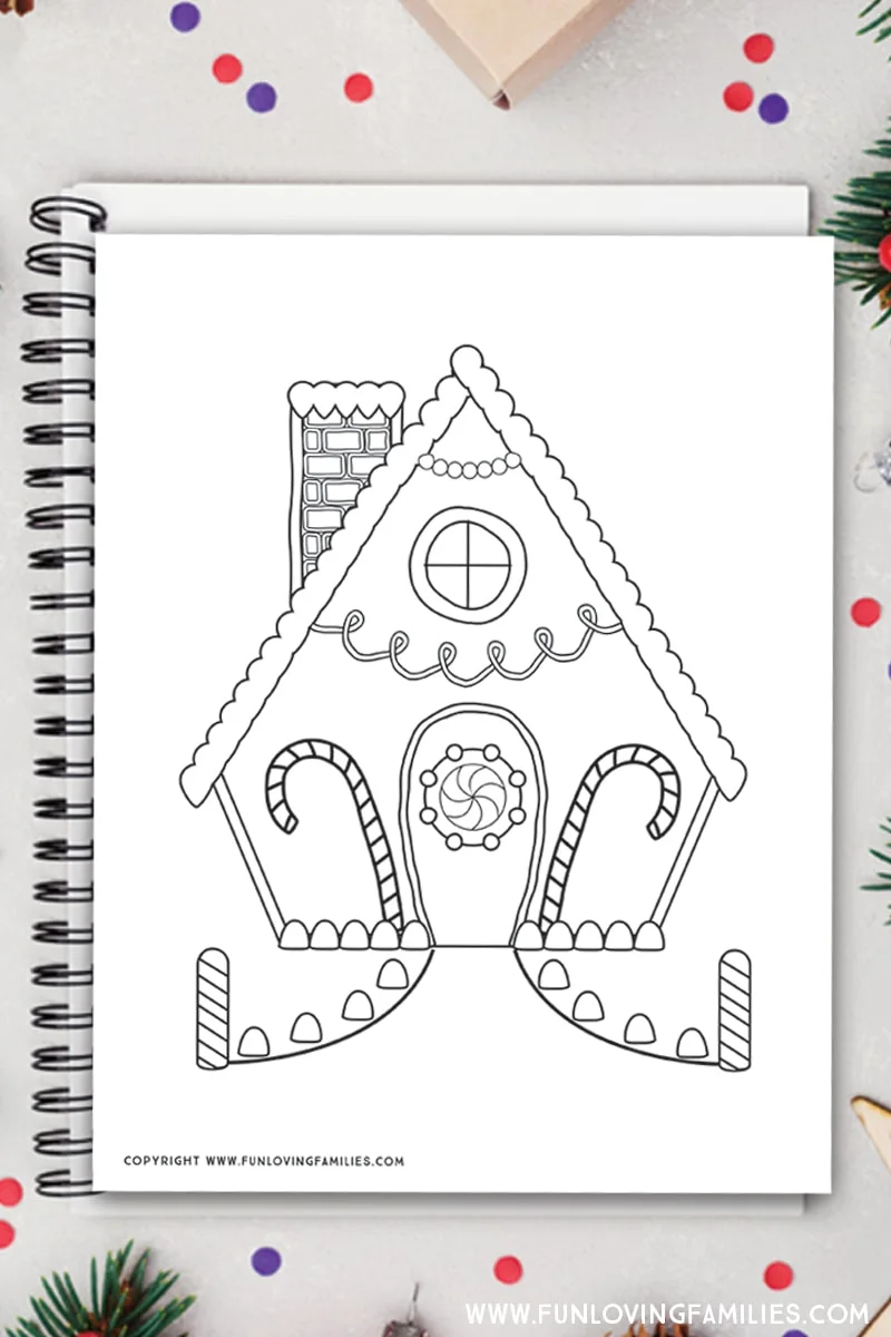 gingerbread house coloring sheet with candy canes and gumdrops