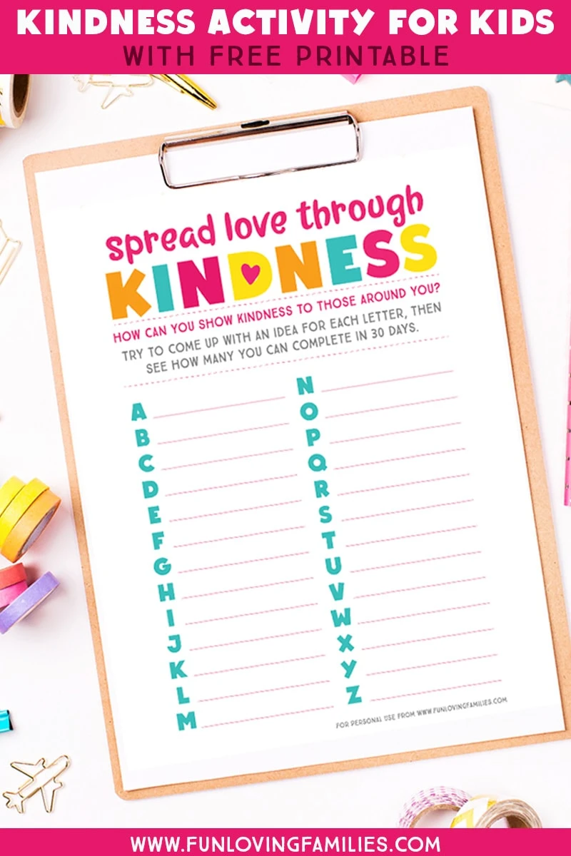 Printable kindness activity for kids to come up with random acts of kindness for each letter A to Z