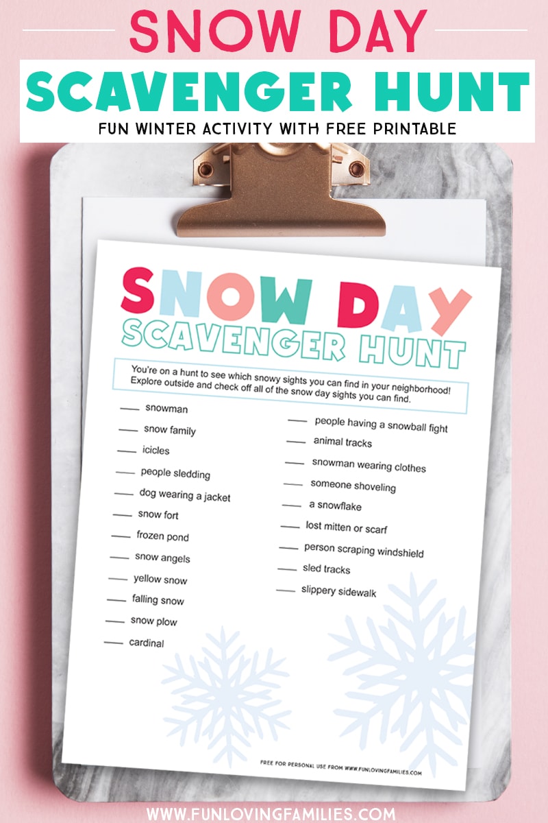 Here's a fun and simple outdoor kids activity that's perfect for snowy days. Use the free printable to go on a scavenger hunt through the snow! Fun winter activity for families. #snowdayactivities #snowdayprintables #snowdayfun #kidsprintableactivity #winteractivity #winteractivitiesforkids #funlovingfamilies