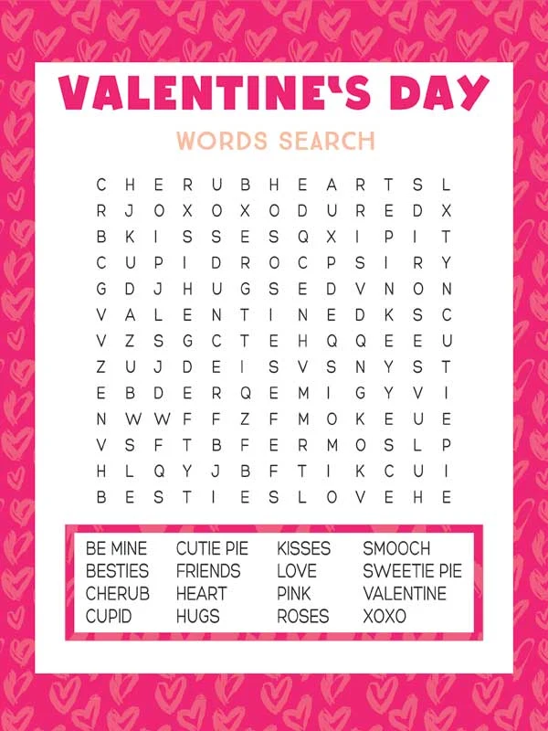 Valentines Day Word Search printable with pink hearts border