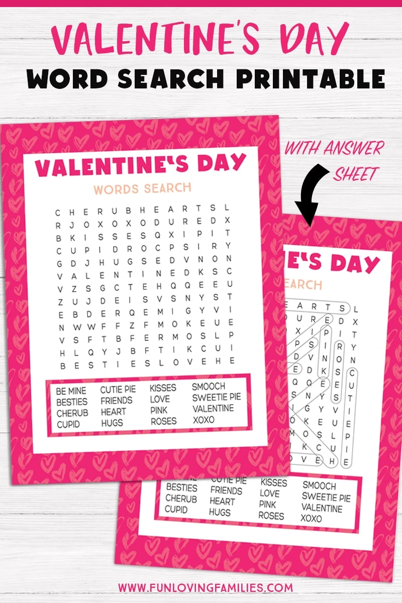 Valentine's Day word search printable with answer sheet