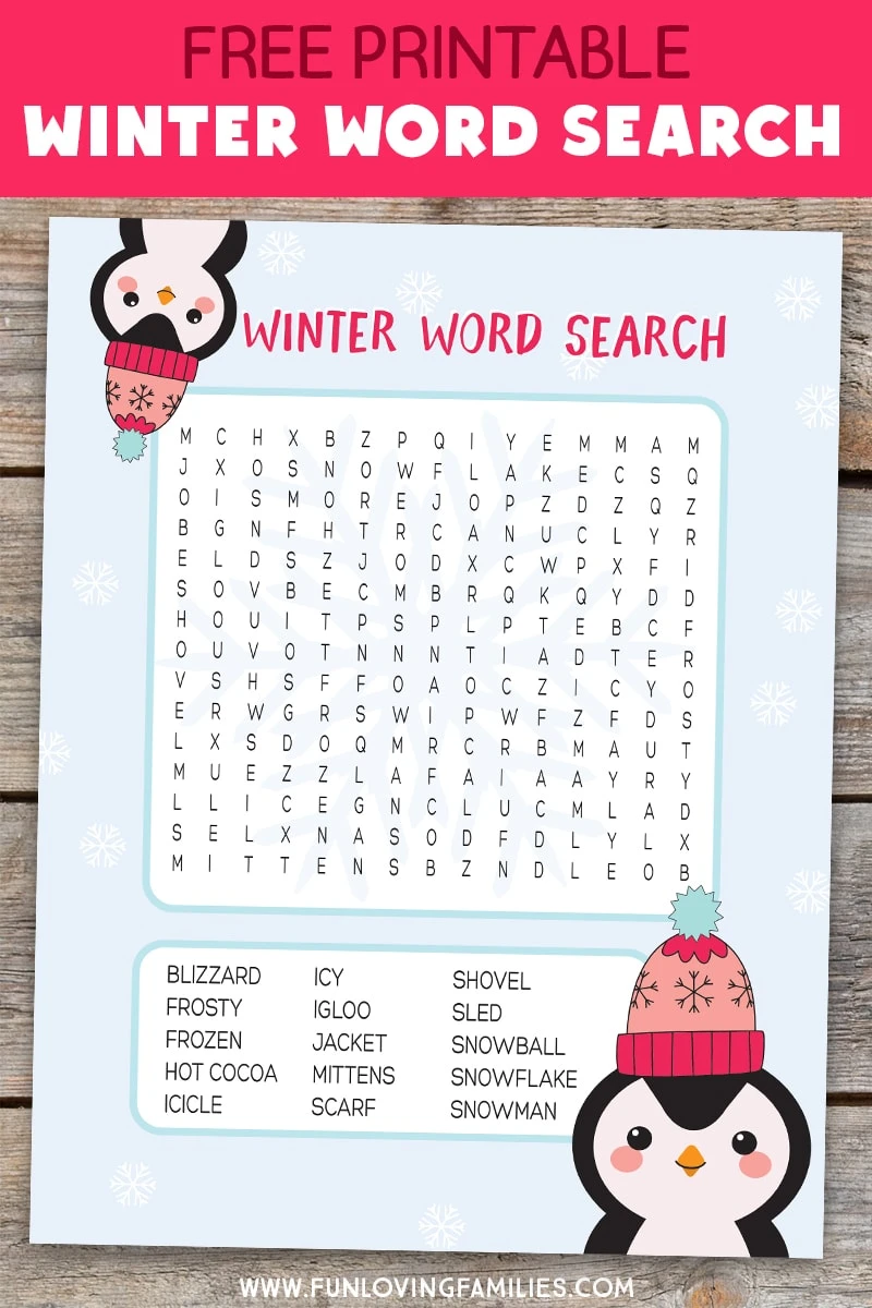 winter word search printable with cute penguins