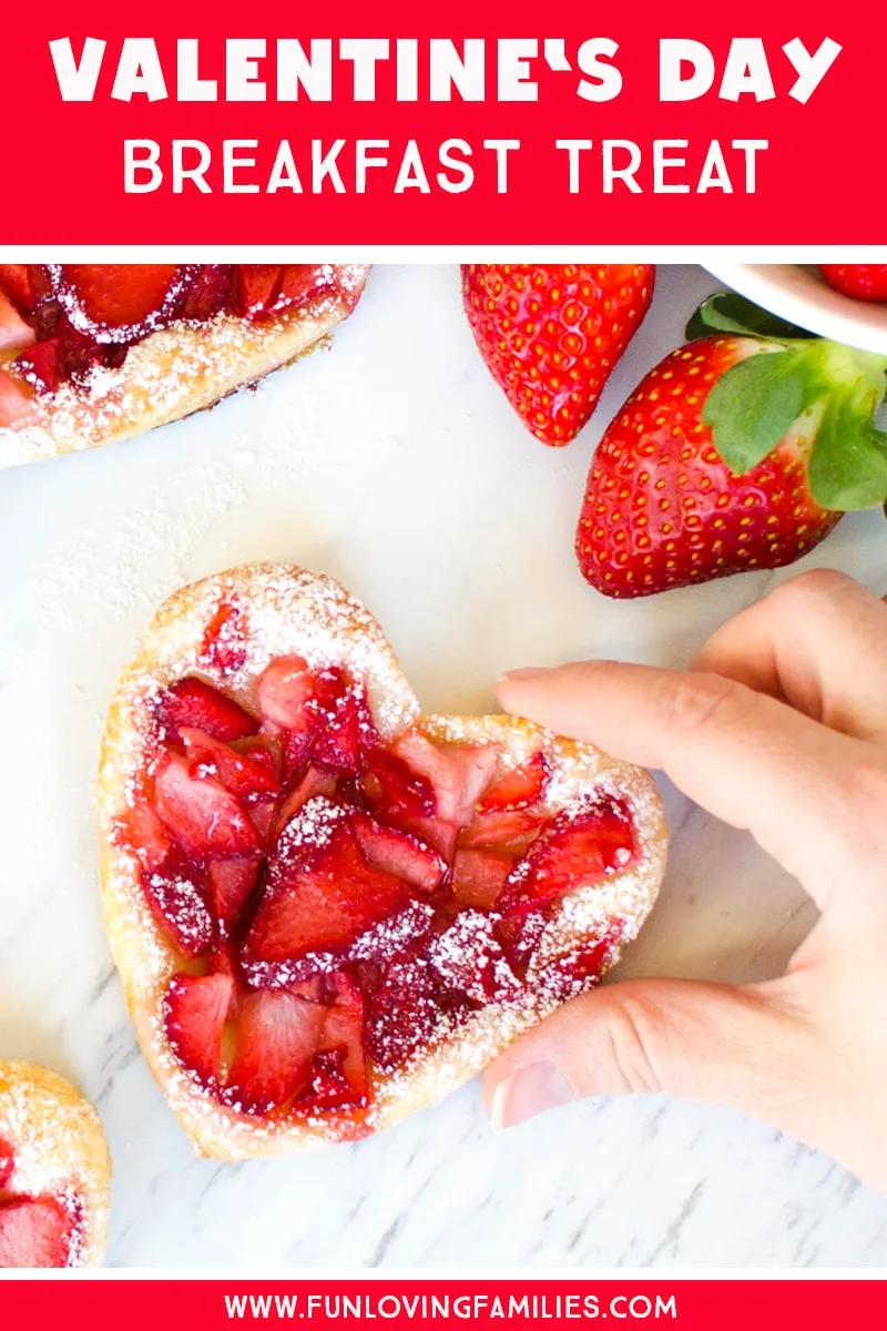 Add these Puff Pastry strawberry heart treats to your Valentine's Day ideas. They're fun and easy and the kids will love them as a special Valentine's Day breakfast treat. #puffpastry #valentinesday #valentinesdayideas