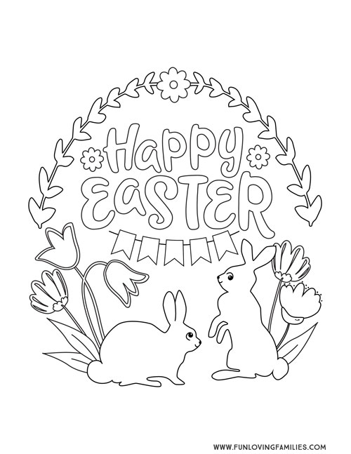 Happy Easter cute coloring page printable with bunnies