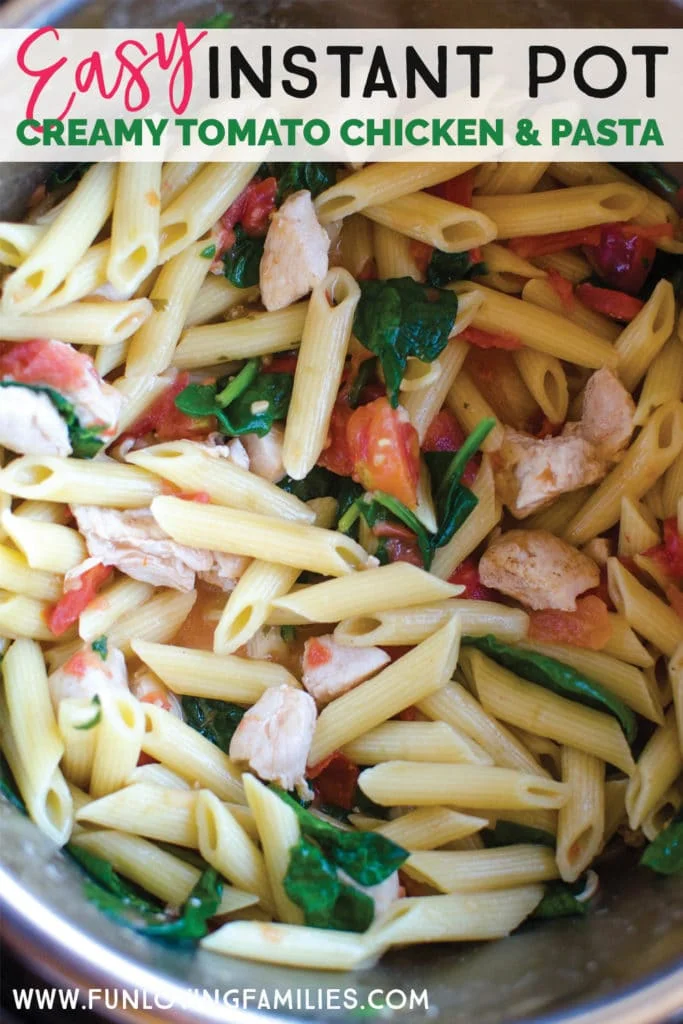 pot of penne pasta with chicken, tomatoes, and spinach