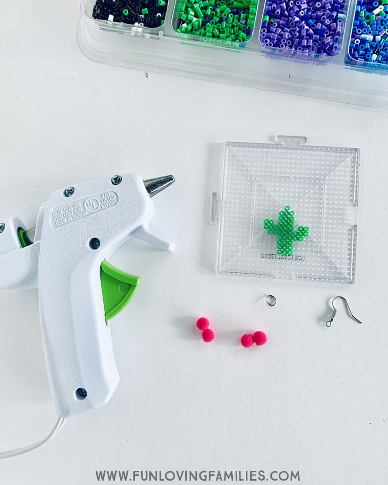 mini Perler beads, cactus pattern, and hot glue gun