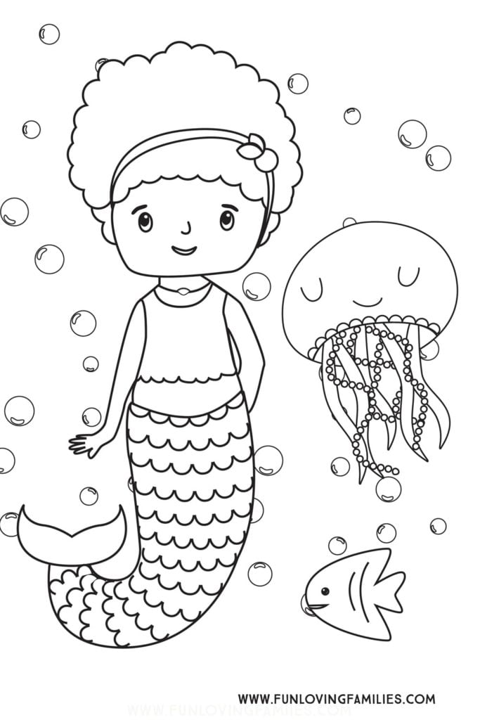 mermaid coloring sheet with cute and happy jellyfish