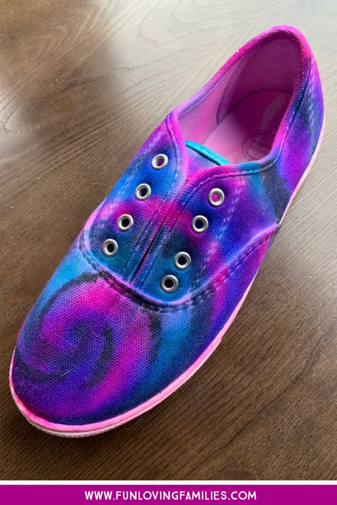 finished DIY spiral tie-dye designed shoe