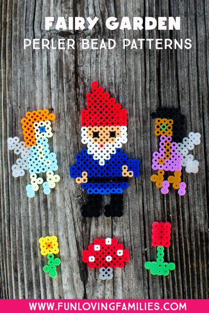 Perler Bead fairies and garden gnome with small flowers and mushroom