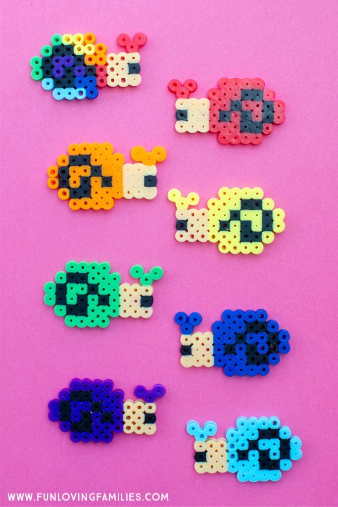 melty bead craft with colorful snails