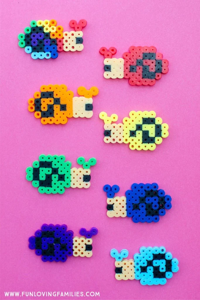 melty bead craft with colorful snails