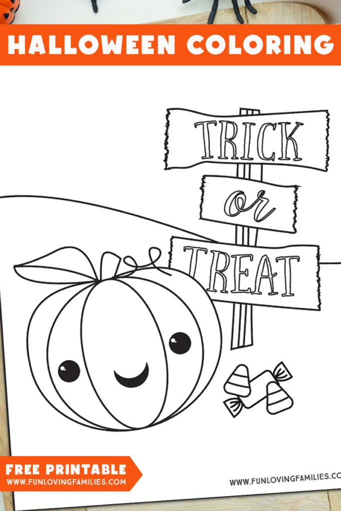 Trick or Treat pumpkin coloring page for kids