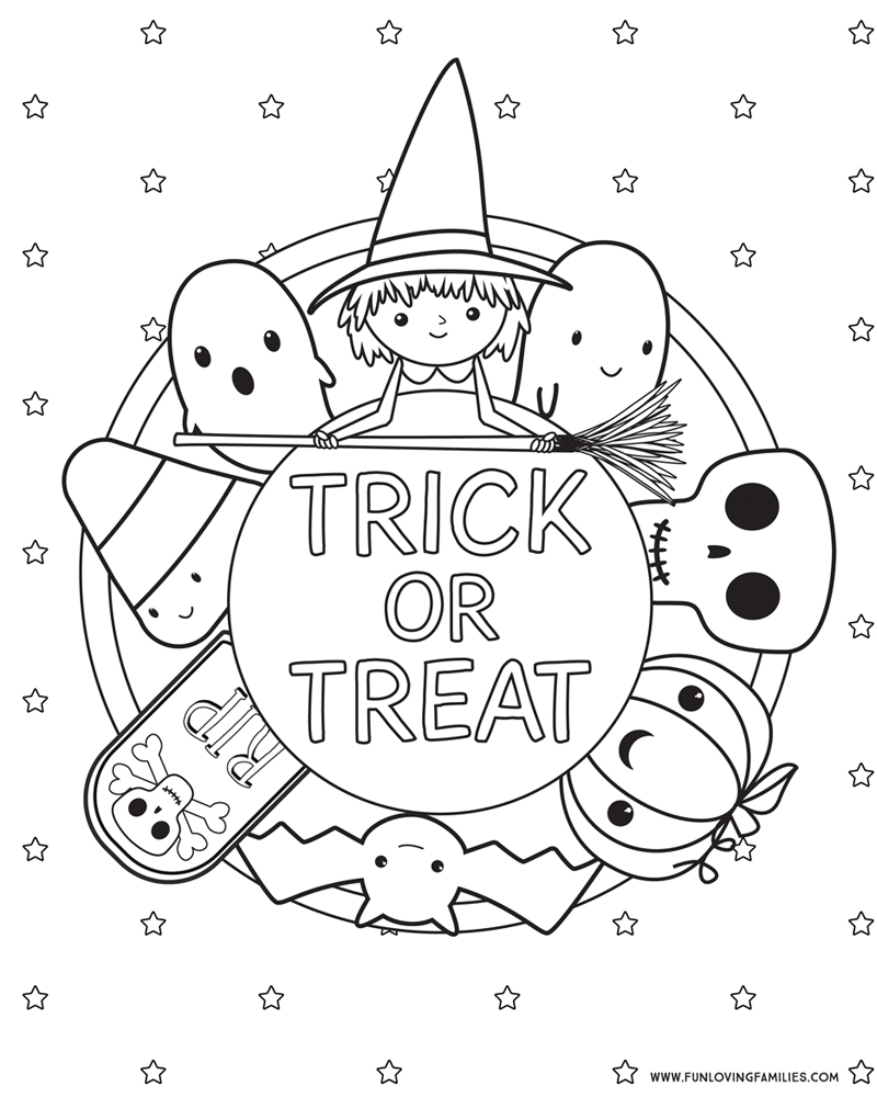 cute trick or treat coloring page for kids