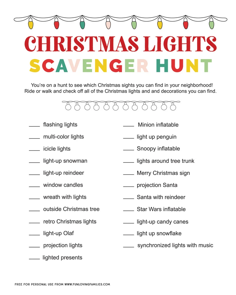 Christmas Light Scavenger Hunt Printable