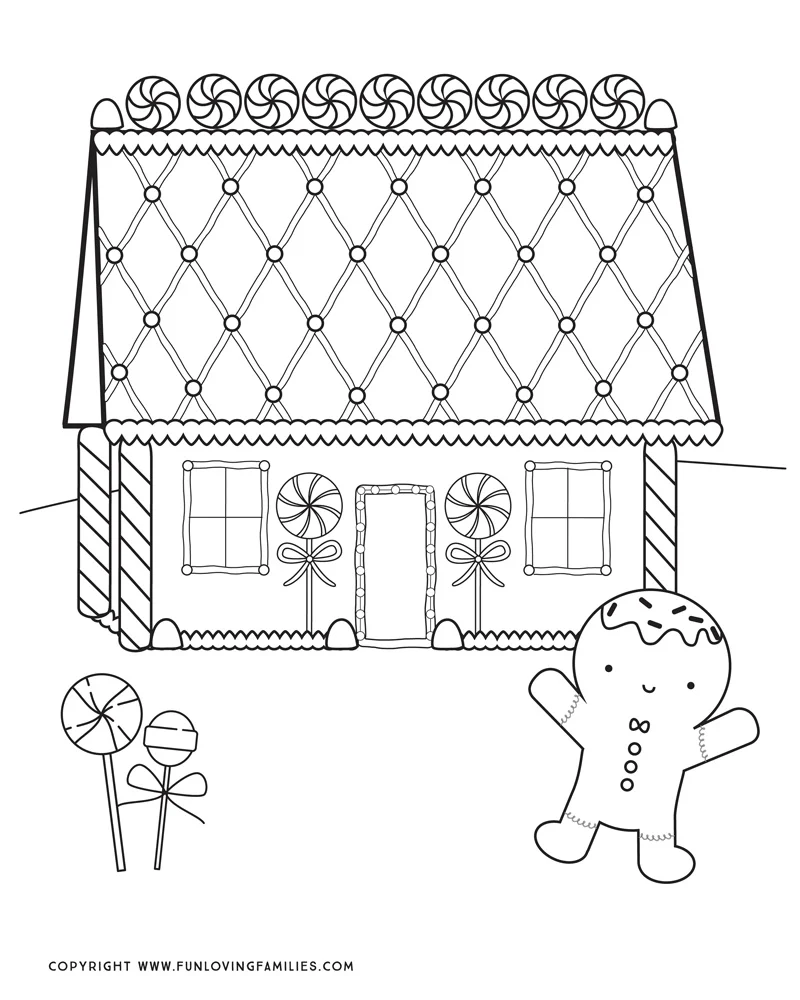 gingerbread house coloring page with cute gingerbread man