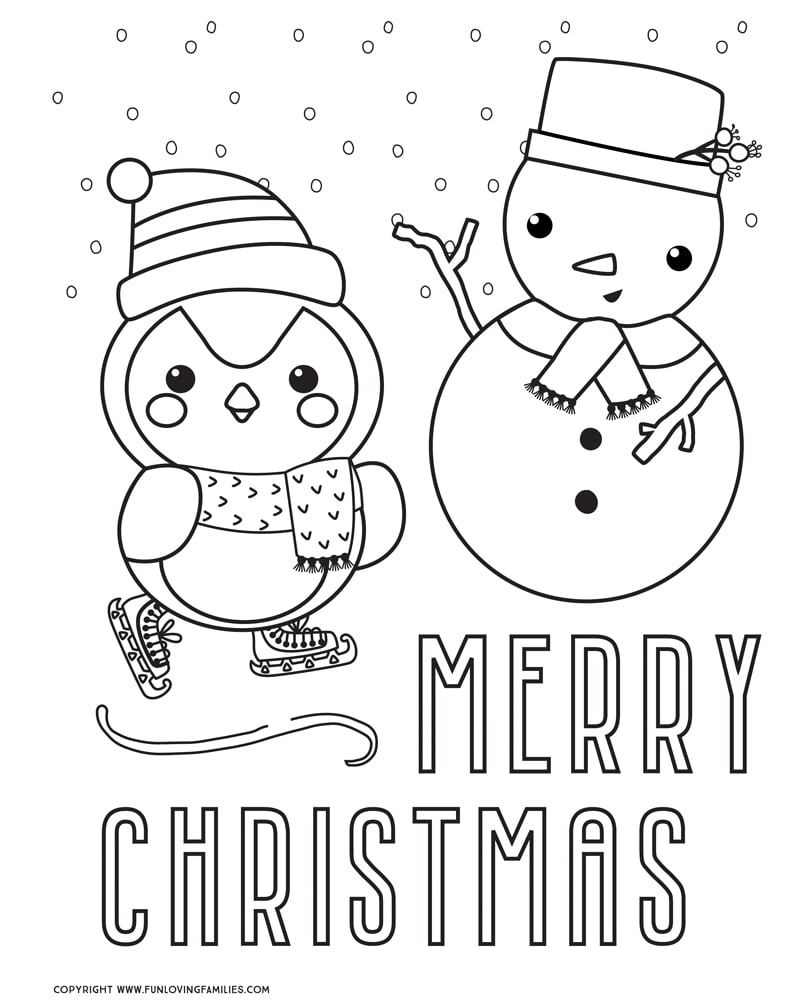 Merry Christmas coloring page with cute penguin and snowman