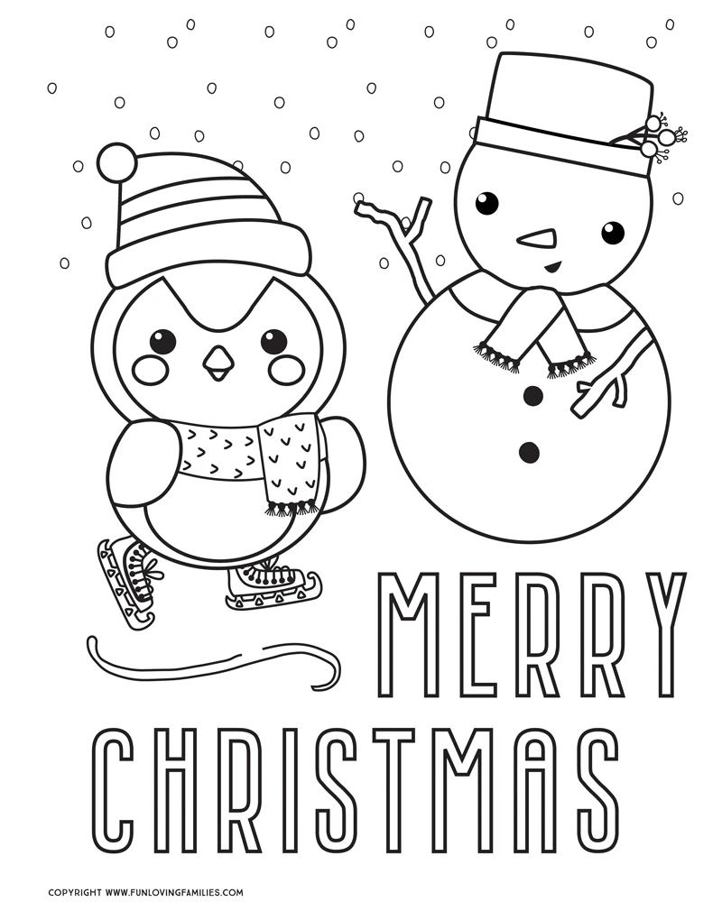 Merry Christmas coloring page with cute penguin and snowman