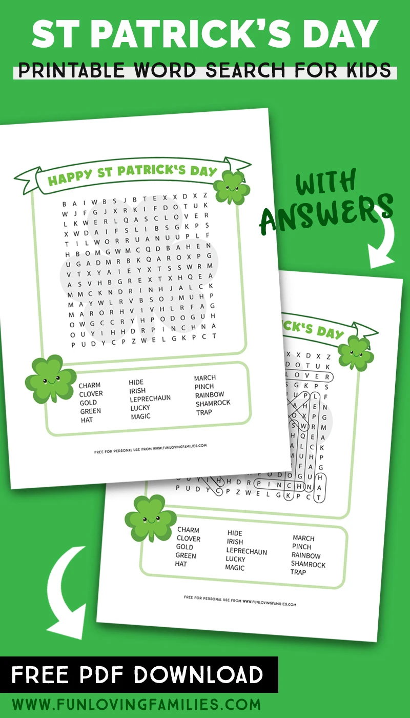 St. Patricks Day word search PDF with printable answers