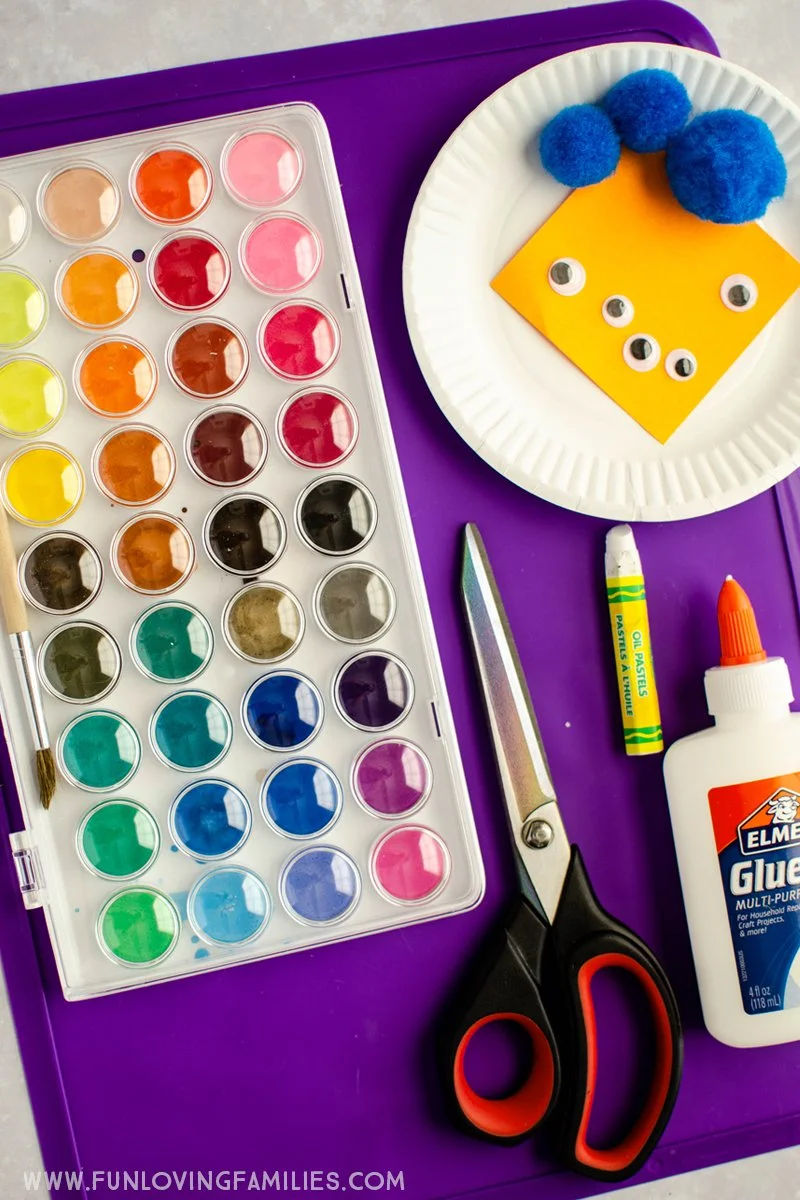 supplies for making paper plate bird nests and pom pom birds