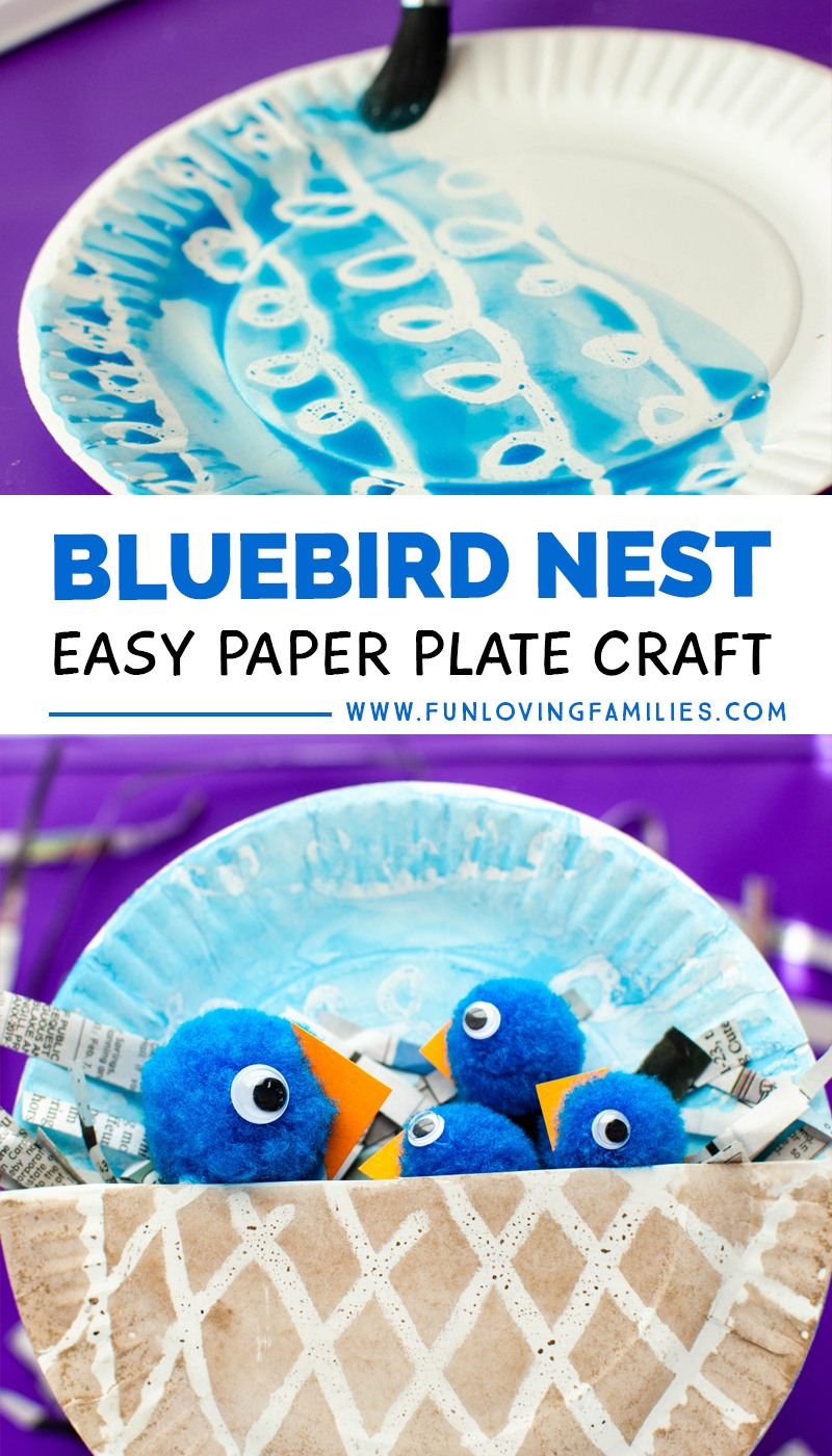 paper plate bluebird nest craft with pom pom birds