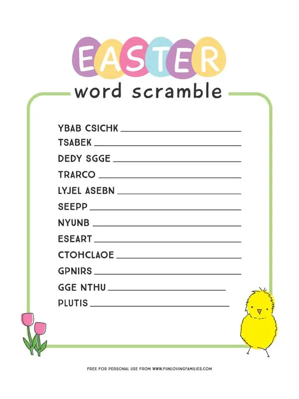 Easter word scramble sheet