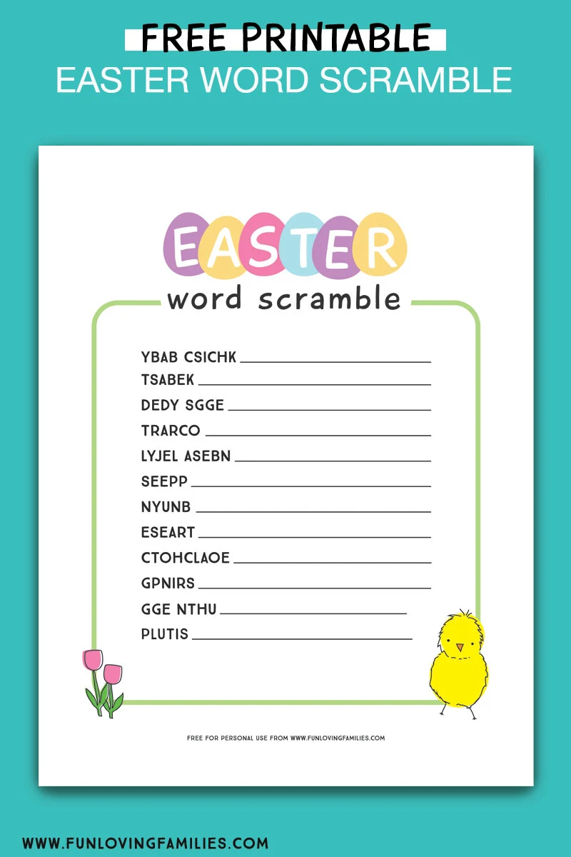 easter word scramble with cute chick illustration
