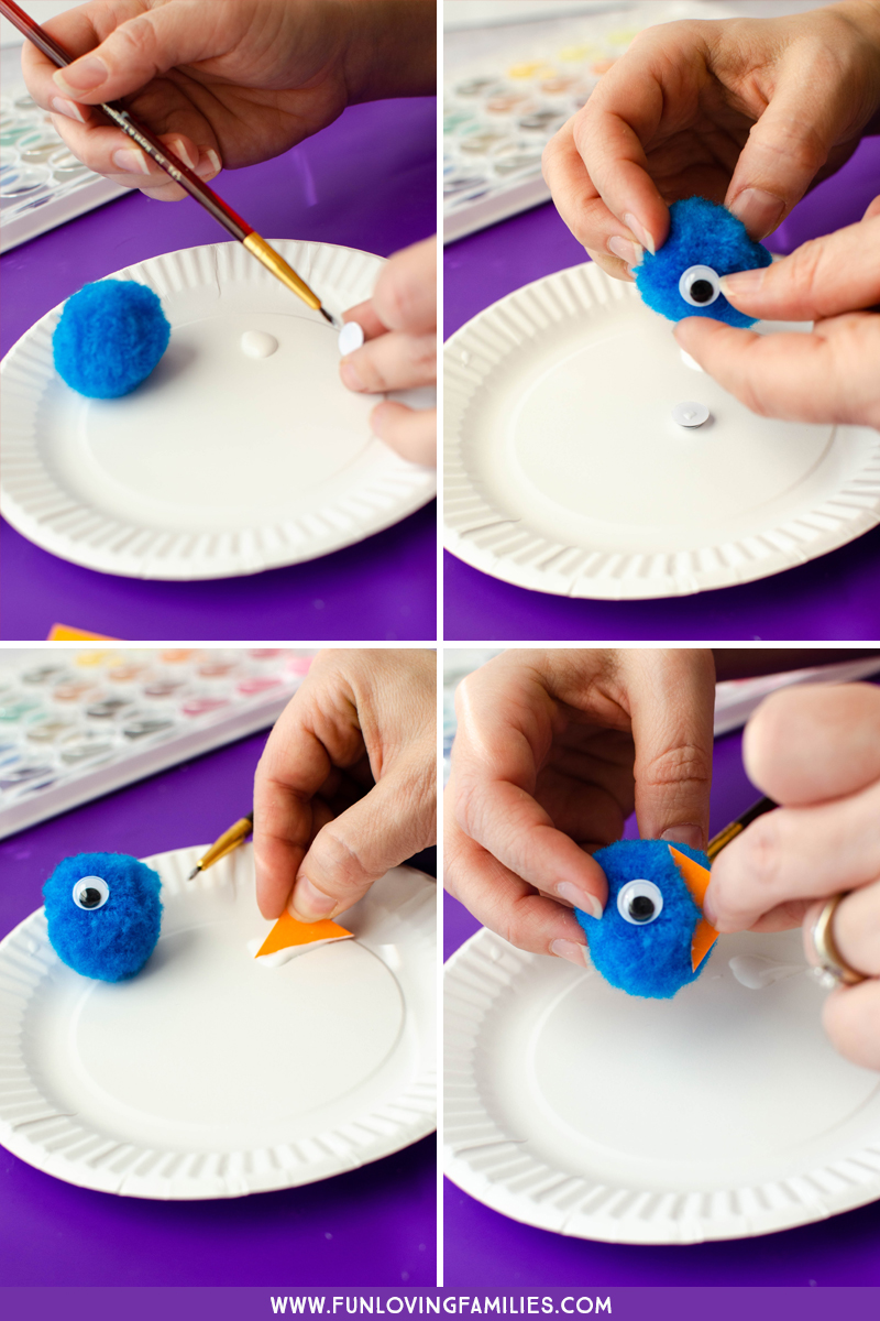 making the pom pom blue birds