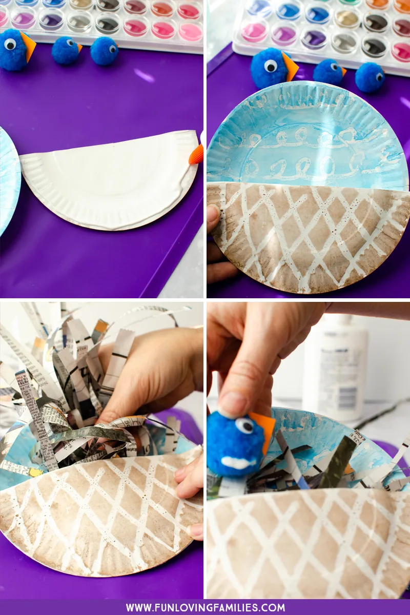 steps to assemble the paper plate bird nest and the pom pom birds together