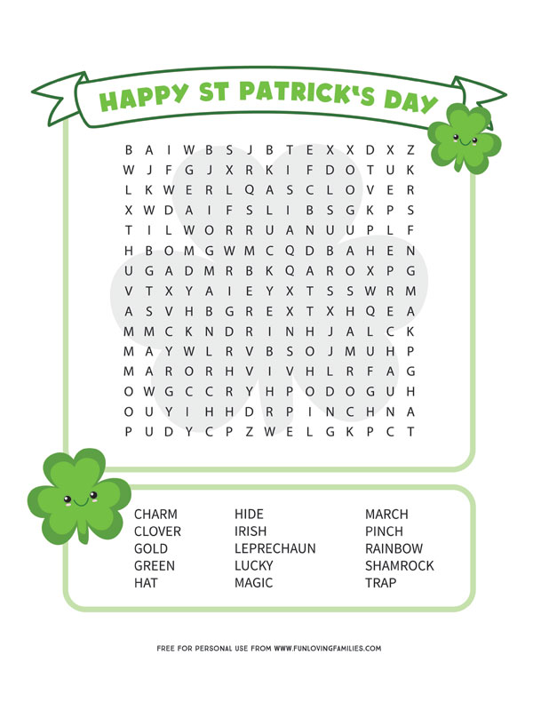 St.Patricks Day word search printable with cute shamrocks