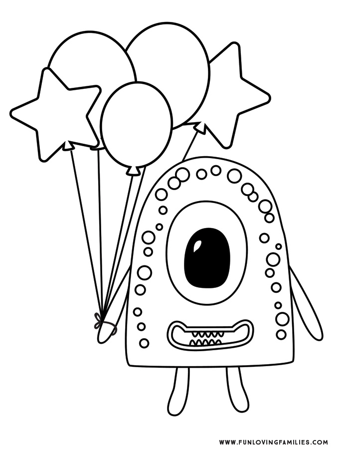 monster coloring page with balloons