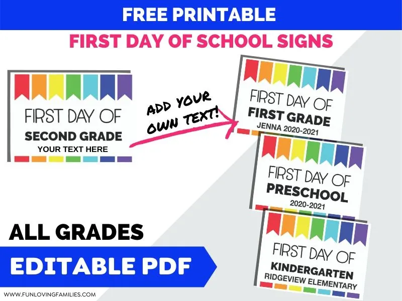 colorful first day of school signs with editable text