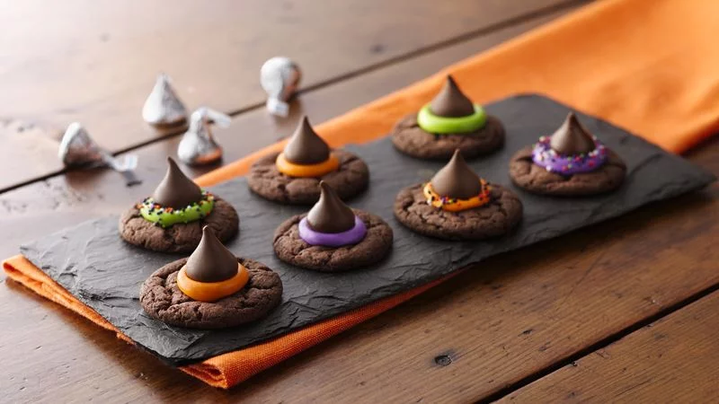 halloween witch hat cookies with herhey's kisses