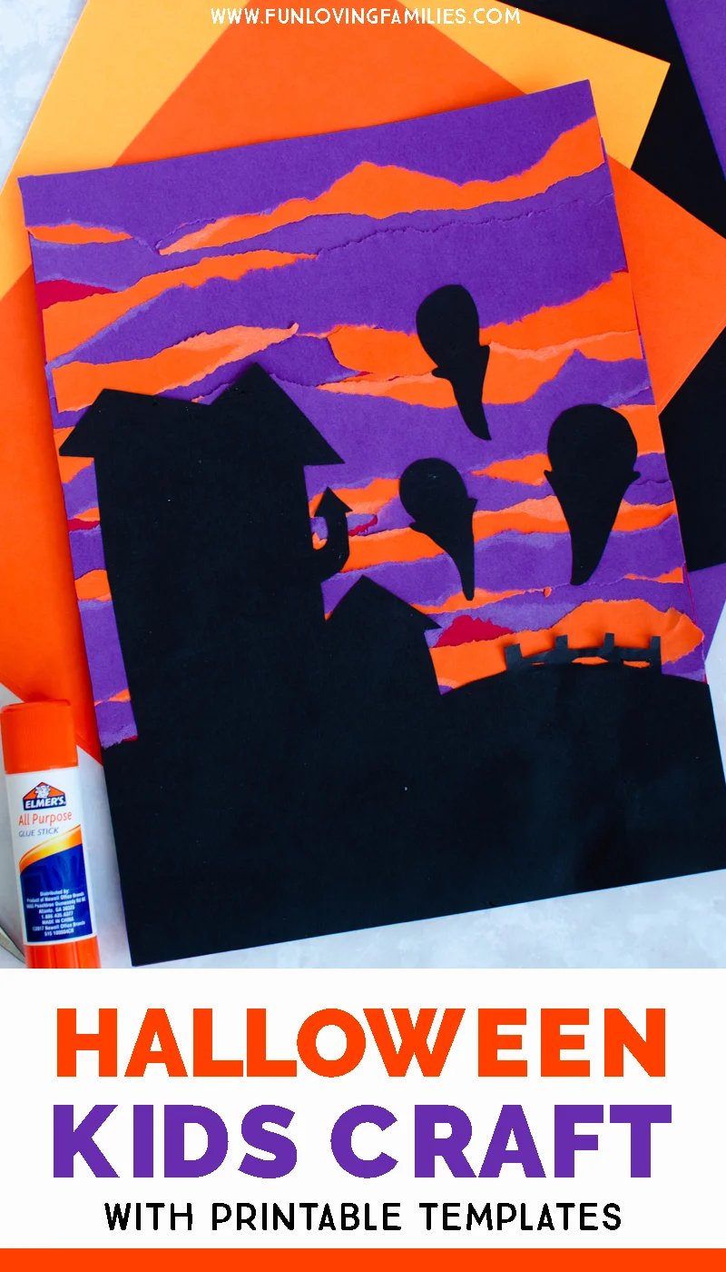 Halloween paper art project for kids with house and ghosts