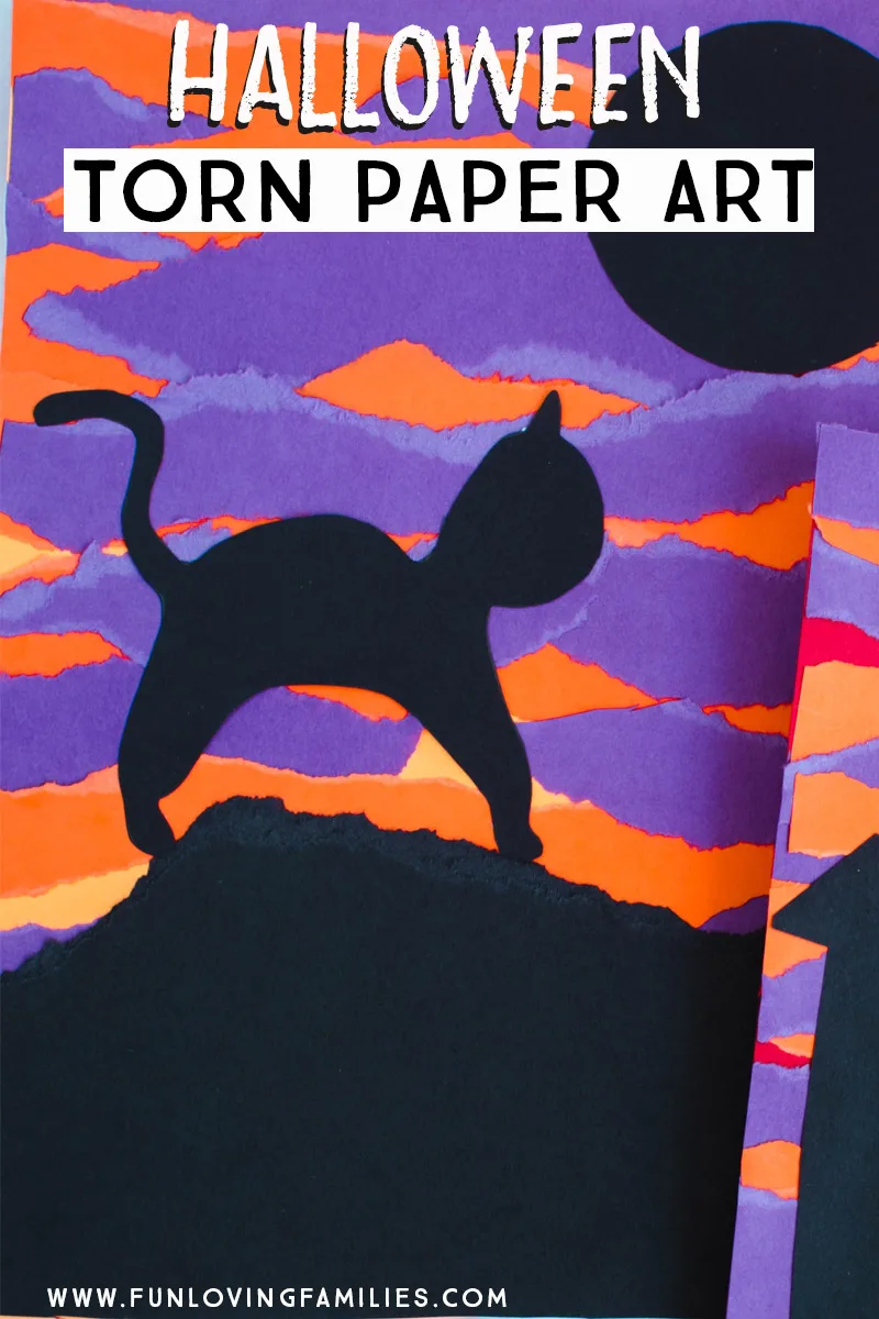 halloween torn paper scene with purple and orange background and black cat