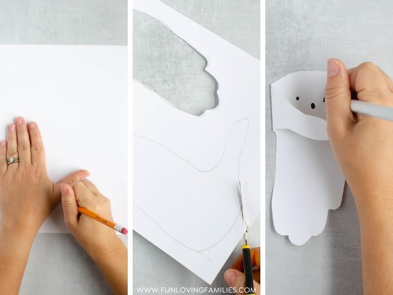 3 steps to making handprint ghost craft: tracing hand, cutting handprint, drawing ghost face