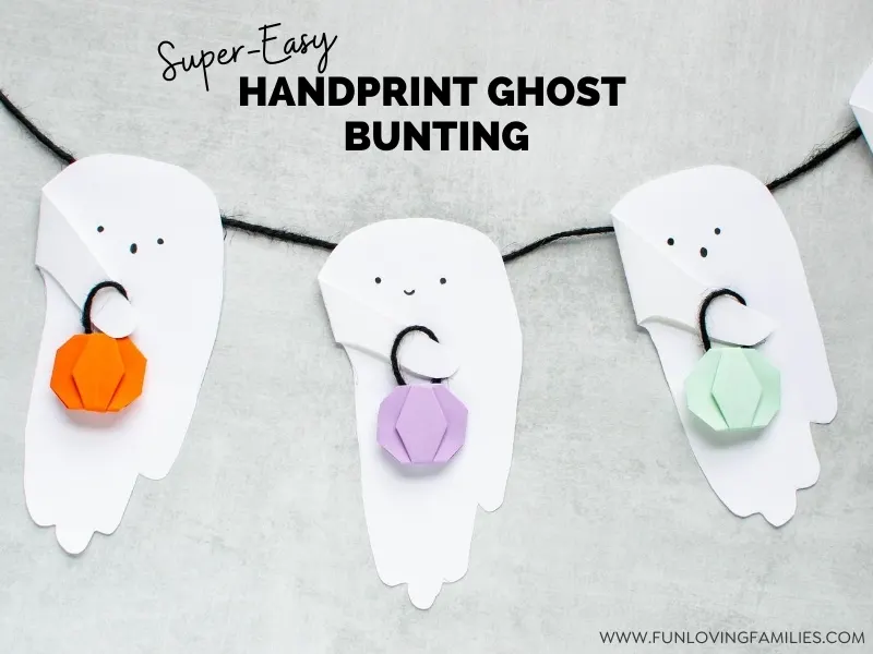 Halloween handprint craft: bunting ghosts with origami pumpkins