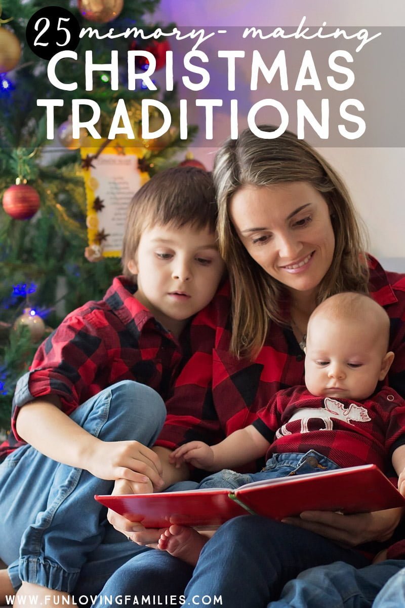 mom reading Christmas book to child and baby