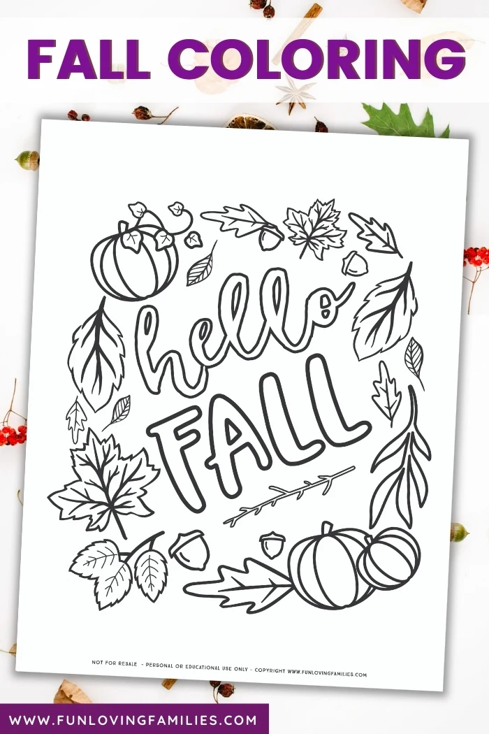 Hello fall coloring page for adults and kids of all ages